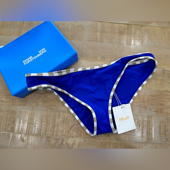 Diane Von Furstenberg Classic Bikini Blue Gold metallic swim bottom travel bag - Picture 2 of 10